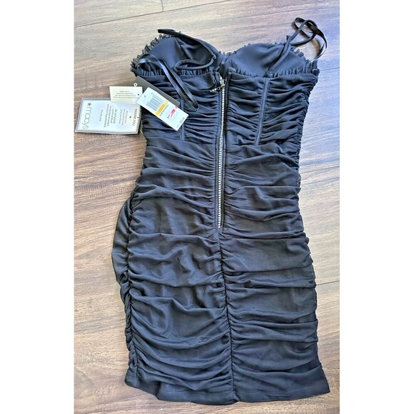 City Studios Juniors' Ruched Bustier Bodycon Mesh Mini  Dress Black 3/4 - Picture 6 of 9
